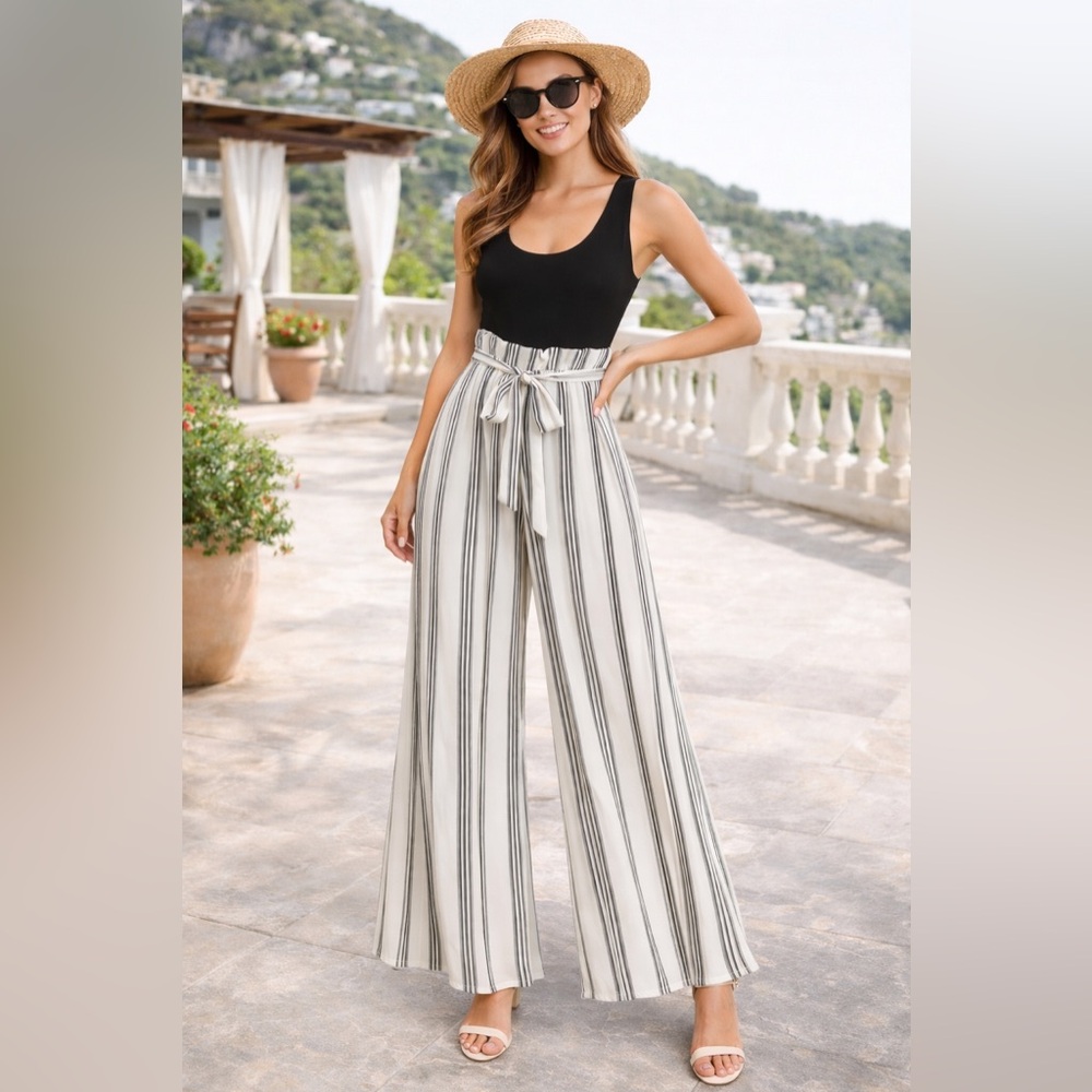 SOLD Black and White Striped Jumpsuit